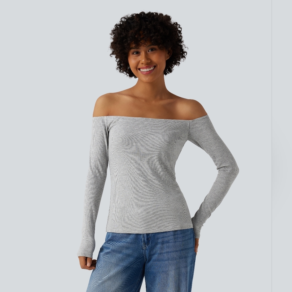 HALARA Fog Gray XL Ribbed Knit Off Shoulder Long Sleeve 2-in-1 Casual Top